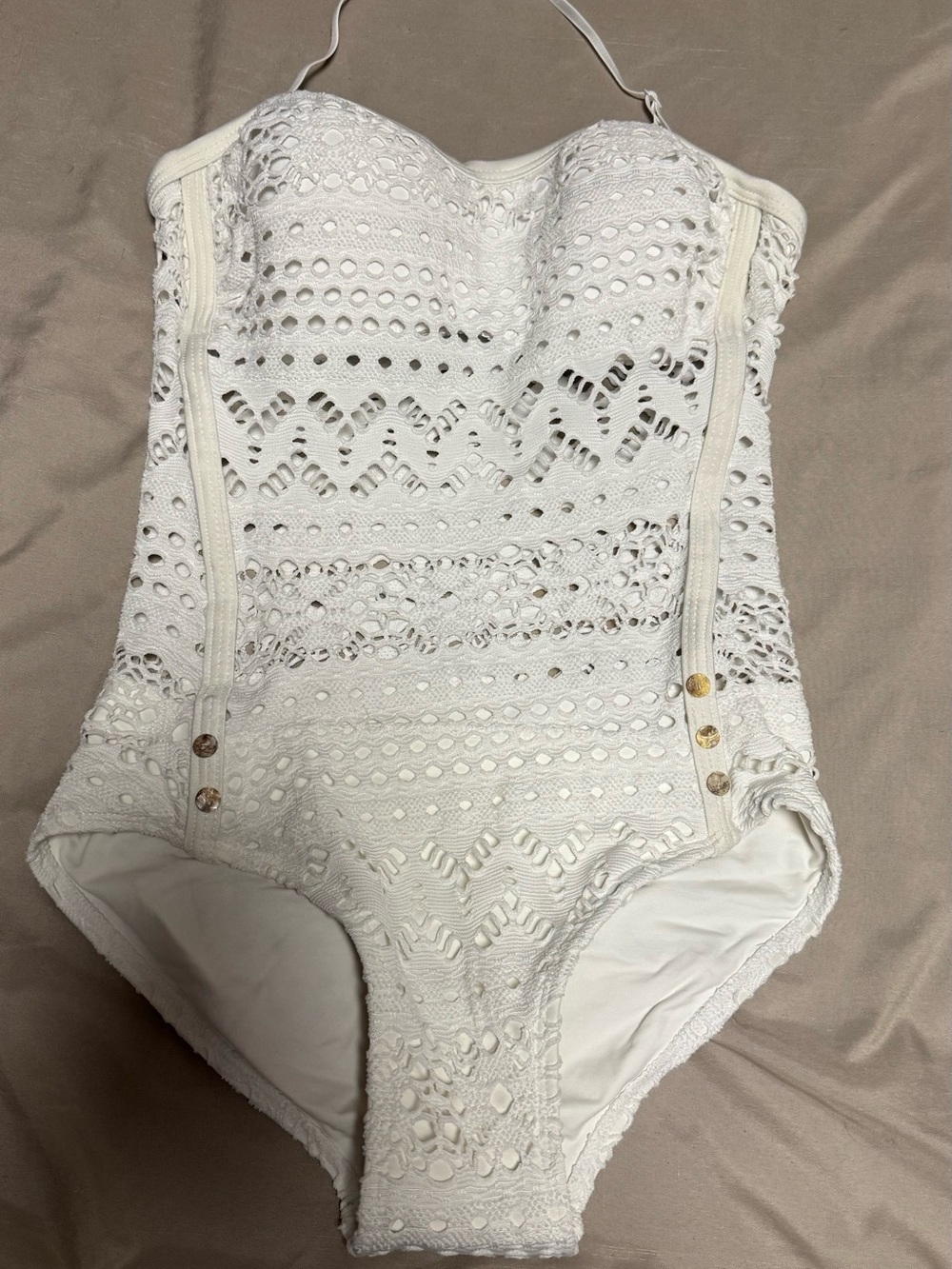 White Crochet One-Piece Swimsuit with Button Accents size Small